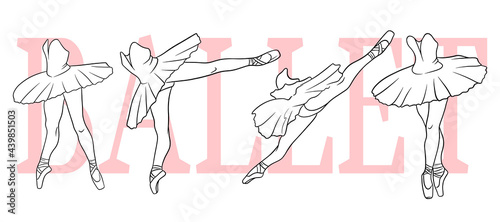 Ballet set. Ballerina in pointe shoes and a tutu. Dancer's legs. Line art.