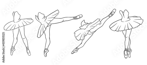 Ballet set. Ballerina in pointe shoes and a tutu. Dancer's legs. Line art.