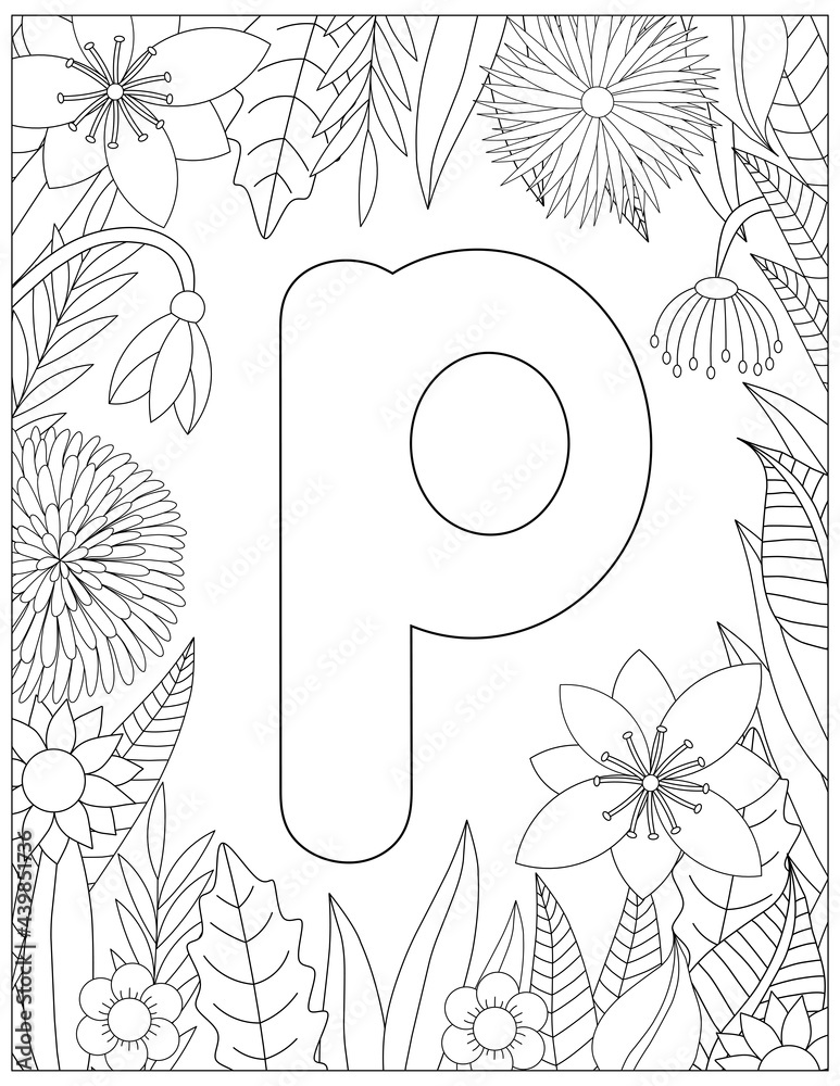 Letter P coloring page. Floral coloring. Stock Vector | Adobe Stock
