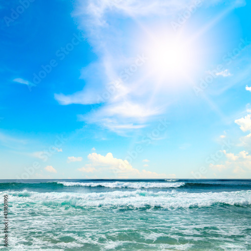 Tropical beach, azure ocean and blue sky.