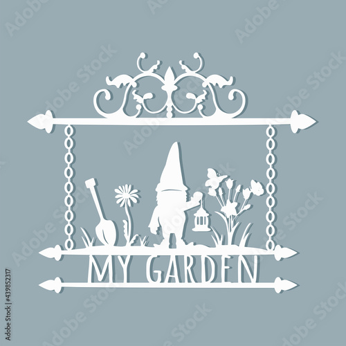 garden gnome holding a street lamp, garden shovel, flowers with a butterfly, metal openwork vyvseka. laser cut design. vector. eps