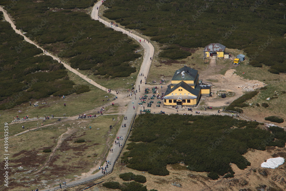 View of Dom Slaski from the summit of Sněžka, the highest mountain of Czech Republic in Giant Mountains, Europe
View of Dom Slaski from the summit of Sněžka, the highest mountain of Czech Republic in Giant Mountains, Europe