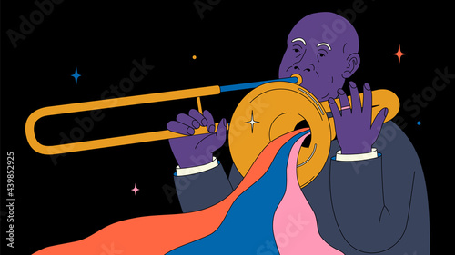 Vector outline illustration. Black man is playing on a trumpet. Jazz musician. 