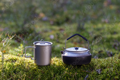 Titanium mug and kettle on a mossy tree trunk. The forest background is blurred.