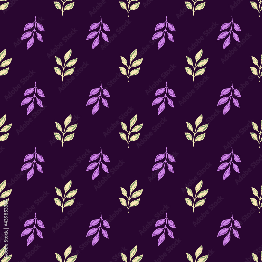Contrast botanic seamless pattern with doodle leaves branches elements. Purple print silhouettes.