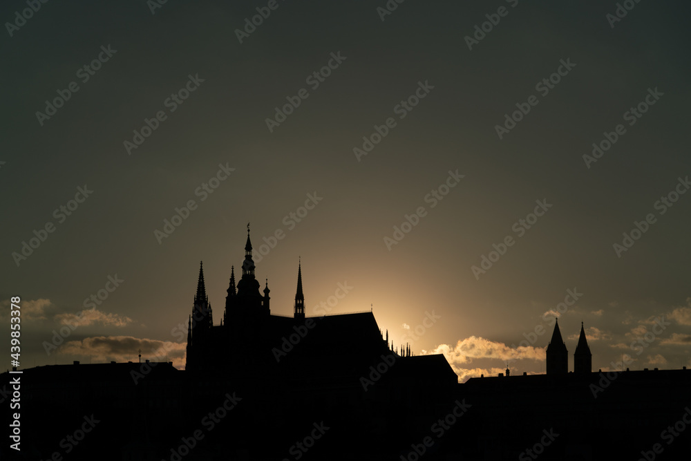 Obraz premium Prague night silhouette. Prague panorama during sunset