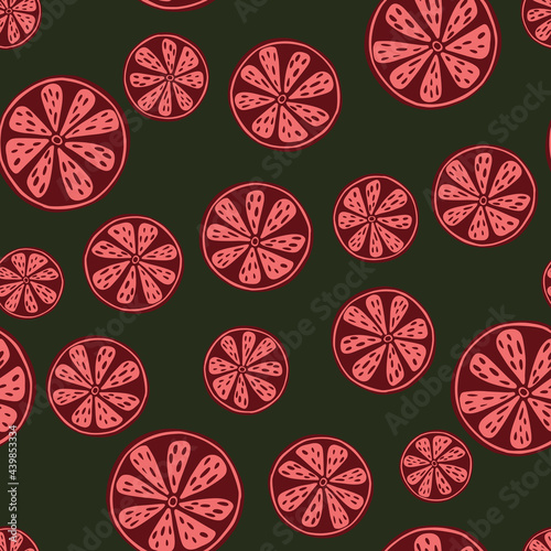 Random pink vintage citrus shapes seamless pattern. Green dark background. Hand drawn food backdrop.