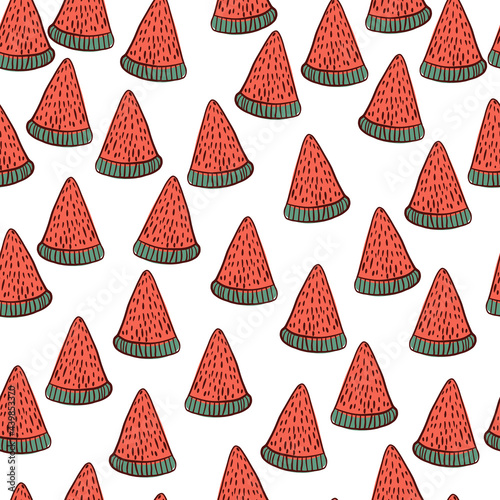 Isolated summer food seamless pattern with little pink organic watermelon slices. White background.