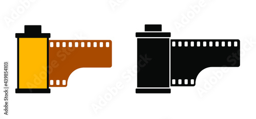 Old negative, dia 35 mm Film roll and film strip. flat vector photo spool or picture, image photography pictogram. Filmstrip icon. Cassette or container with photographic film. 