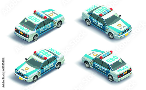 3D isometric patrol police car. Vector illustration vehicle Isolated on white background.