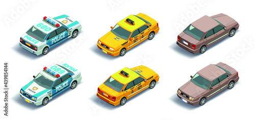 3d Isometric police car, taxi cab, regular car. Vector illustration vehicles isolated on white background . 