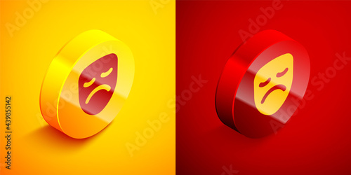 Isometric Drama theatrical mask icon isolated on orange and red background. Circle button. Vector