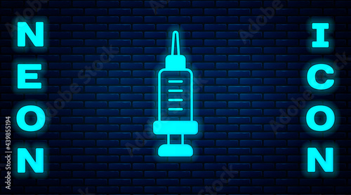 Glowing neon Addiction to the drug icon isolated on brick wall background. Heroin, narcotic, addiction, illegal. Sick junkie with a syringe and medical pills. Vector