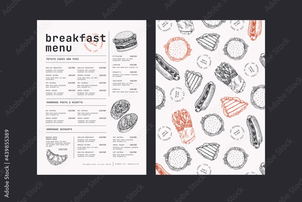  Restaurant breakfast vertical menu template. Cafe identity. Minimalist style. Engraved fast food illustrations. 