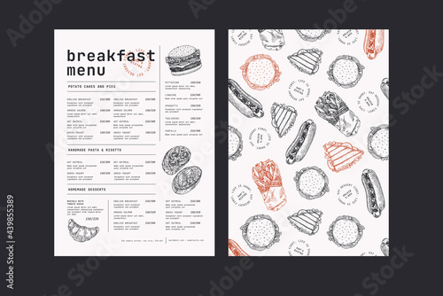  Restaurant breakfast vertical menu template. Cafe identity. Minimalist style. Engraved fast food illustrations. 