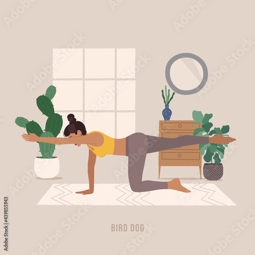   Bird dog Yoga pose. Young woman practicing yoga  exercise. Woman workout fitness, aerobic and exercises. Vector Illustration. © Vipin