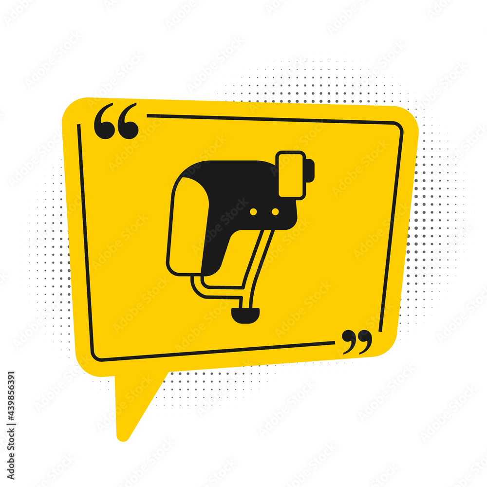 Fototapeta premium Black Skateboard helmet icon isolated on white background. Extreme sport. Sport equipment. Yellow speech bubble symbol. Vector