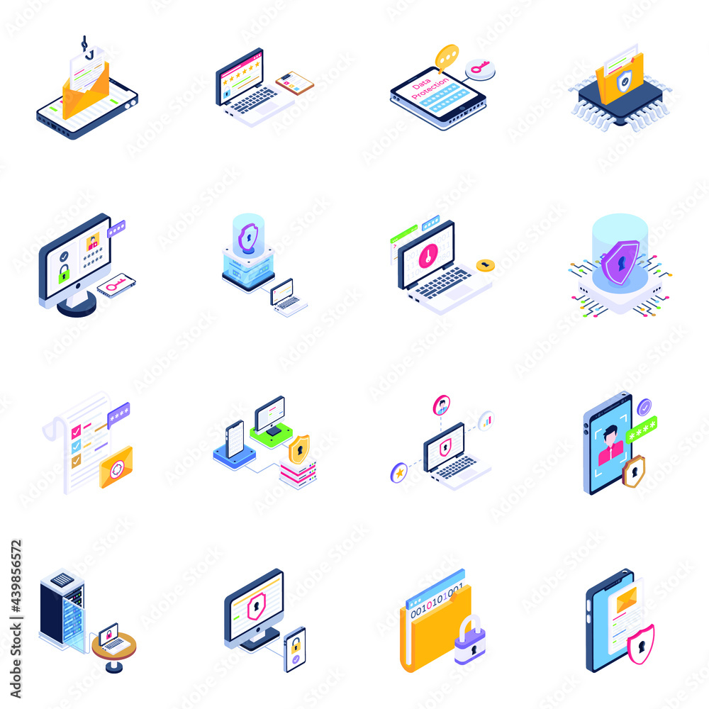 Set of Cybersecurity and Cyber Threats Isometric Icons

