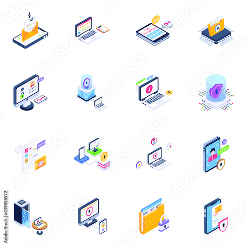 Set of Cybersecurity and Cyber Threats Isometric Icons

