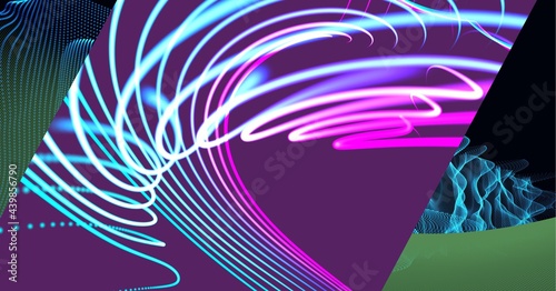 Digitally generated image of light trails and digital waves against green technology background