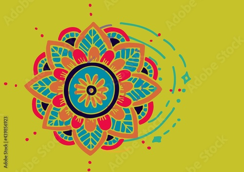 Digitally generated image of colorful decorative floral designs against yellow background