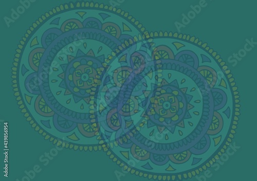 Digitally generated image of colorful decorative floral pattern designs against green background