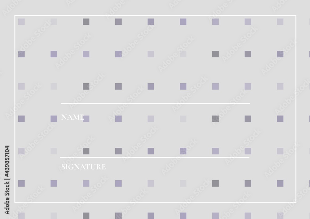 Name and signature text with white lines and copy space against rows of squares on grey background Name and signature text with white lines and copy space against rows of squares on grey background