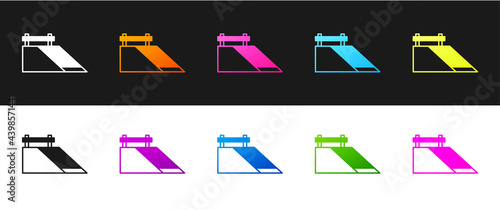 Set Skate park icon isolated on black and white background. Set of ramp, roller, stairs for a skatepark. Extreme sport. Vector
