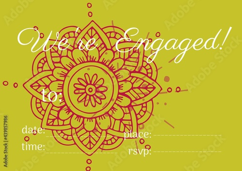 We are engaged text with copy space against decorative floral designs on yellow background