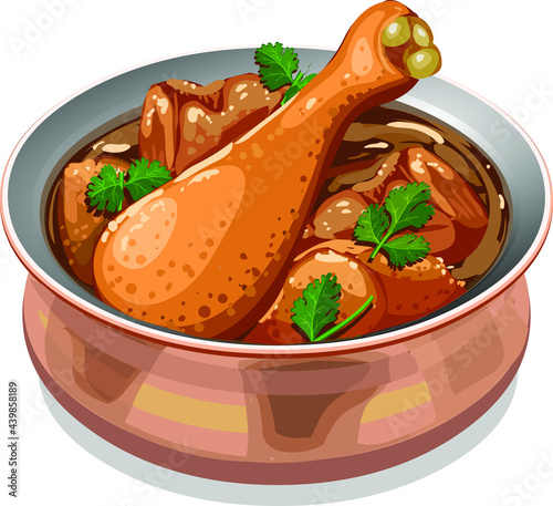 Vector illustration of Chicken curry or masala,South Indian style chicken curry arranged in a copper vessel and garnished with coriander leaves.