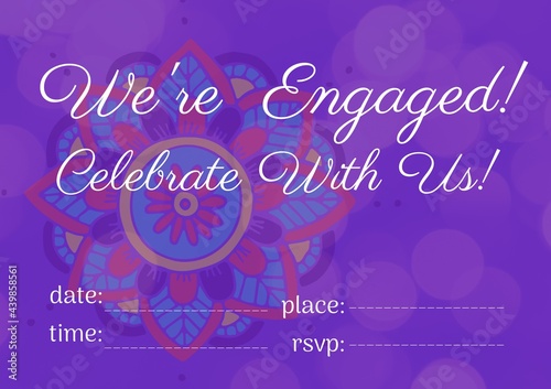 Engagement and celebration text with copy space against colorful floral design on purple background