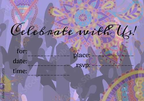 Celebrate with us text with copy space against colorful floral designs on purple background