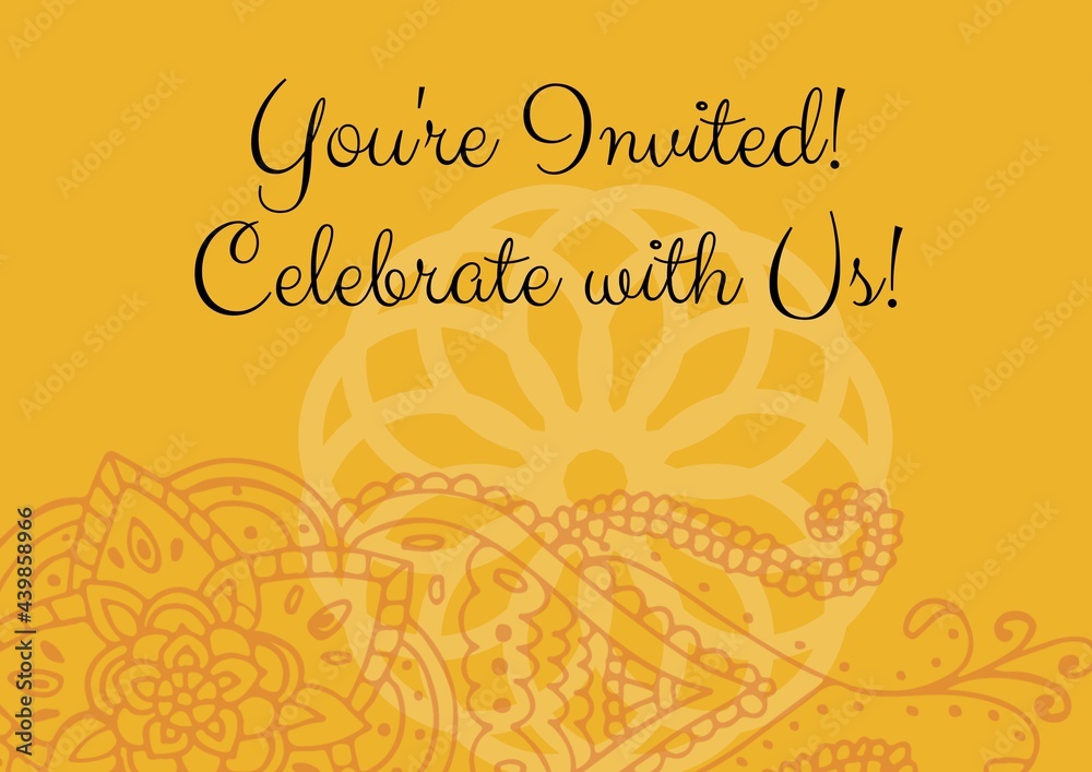 Invitation and celebration text against decorative floral designs on yellow background