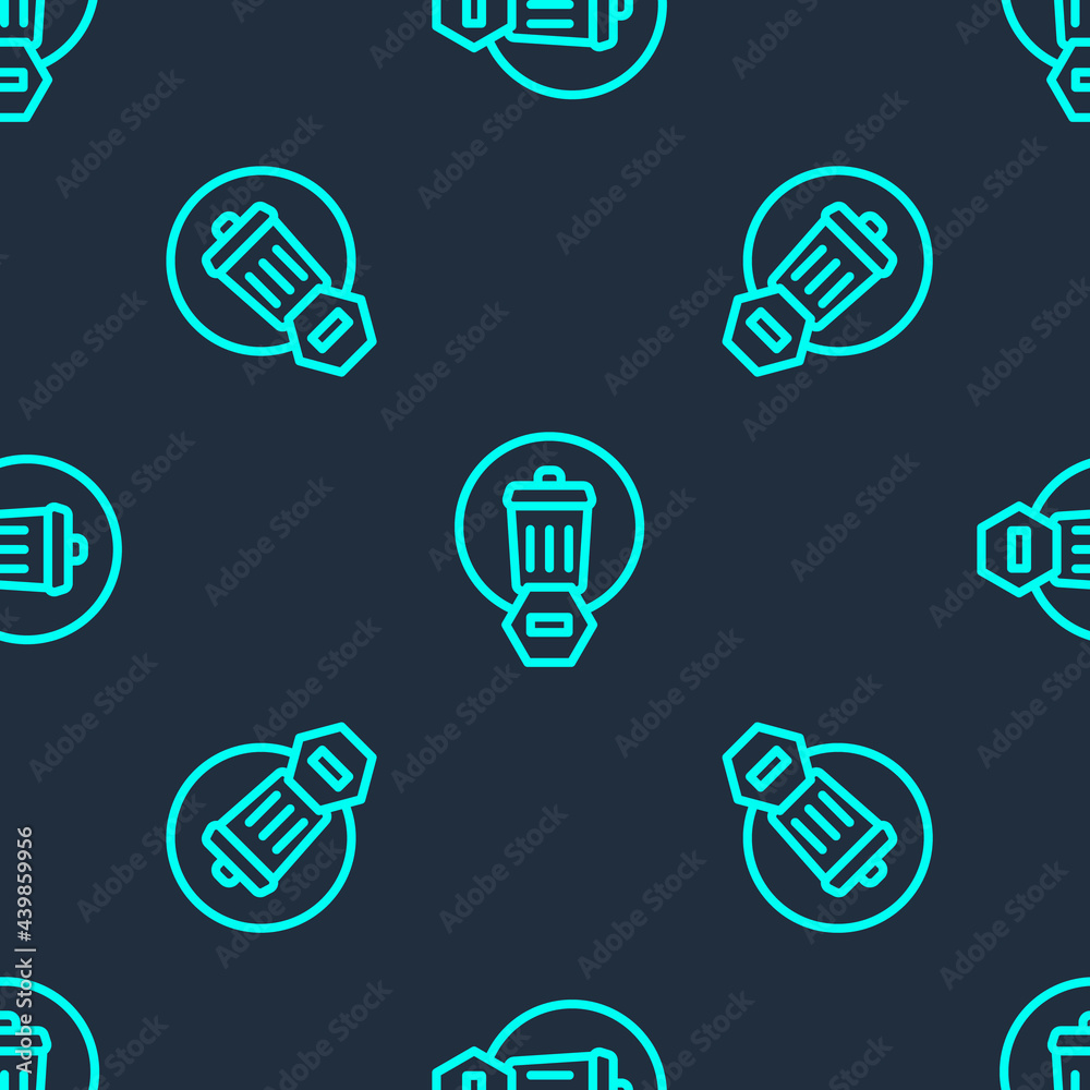Green line Trash can icon isolated seamless pattern on blue background. Garbage bin sign. Recycle basket icon. Office trash icon. Vector