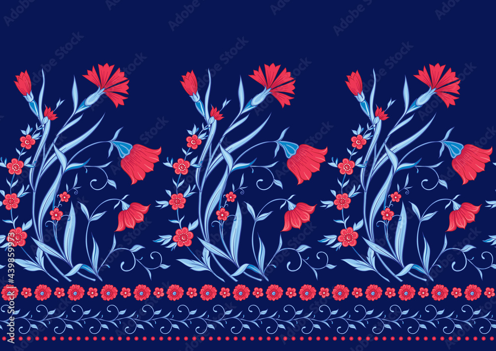 Traditional oriental, arabic pattern of blue and red flowers isolated on white background. Vector illustration.