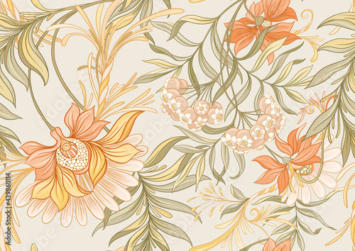 Seamless pattern, background with decorative flowers in art nouveau style, vintage, old, retro style. Vector illustration.