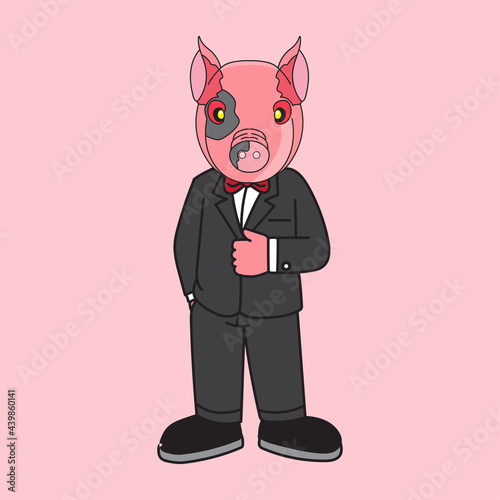 cartoon mascot illustration pink pig face head character in suit