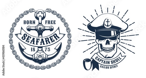 Ship Captain skull head - retro logo. Anchor vintage emblem with chain and ribbon. Seaman skeleton vintage badge. Sailor tattoo Vector illustaration.
