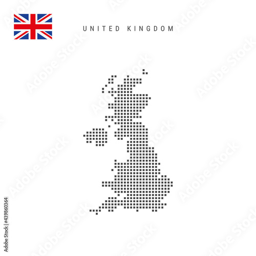 Square dots pattern map of United Kingdom. British dotted pixel map with flag. Vector illustration