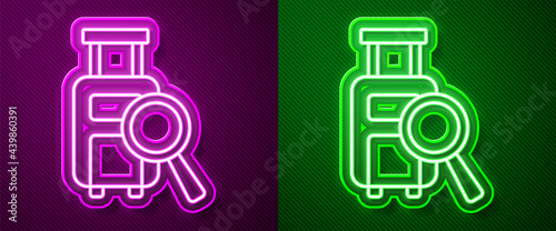Glowing neon line Airline service of finding lost baggage icon isolated on purple and green background. Search luggage. Vector