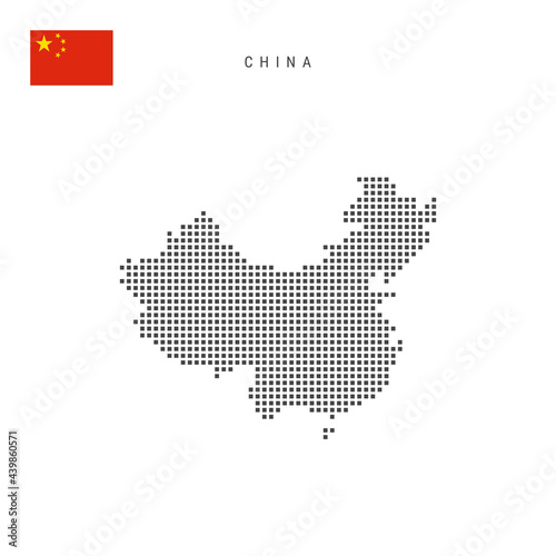 Square dots pattern map of China. Chinese dotted pixel map with flag. Vector illustration