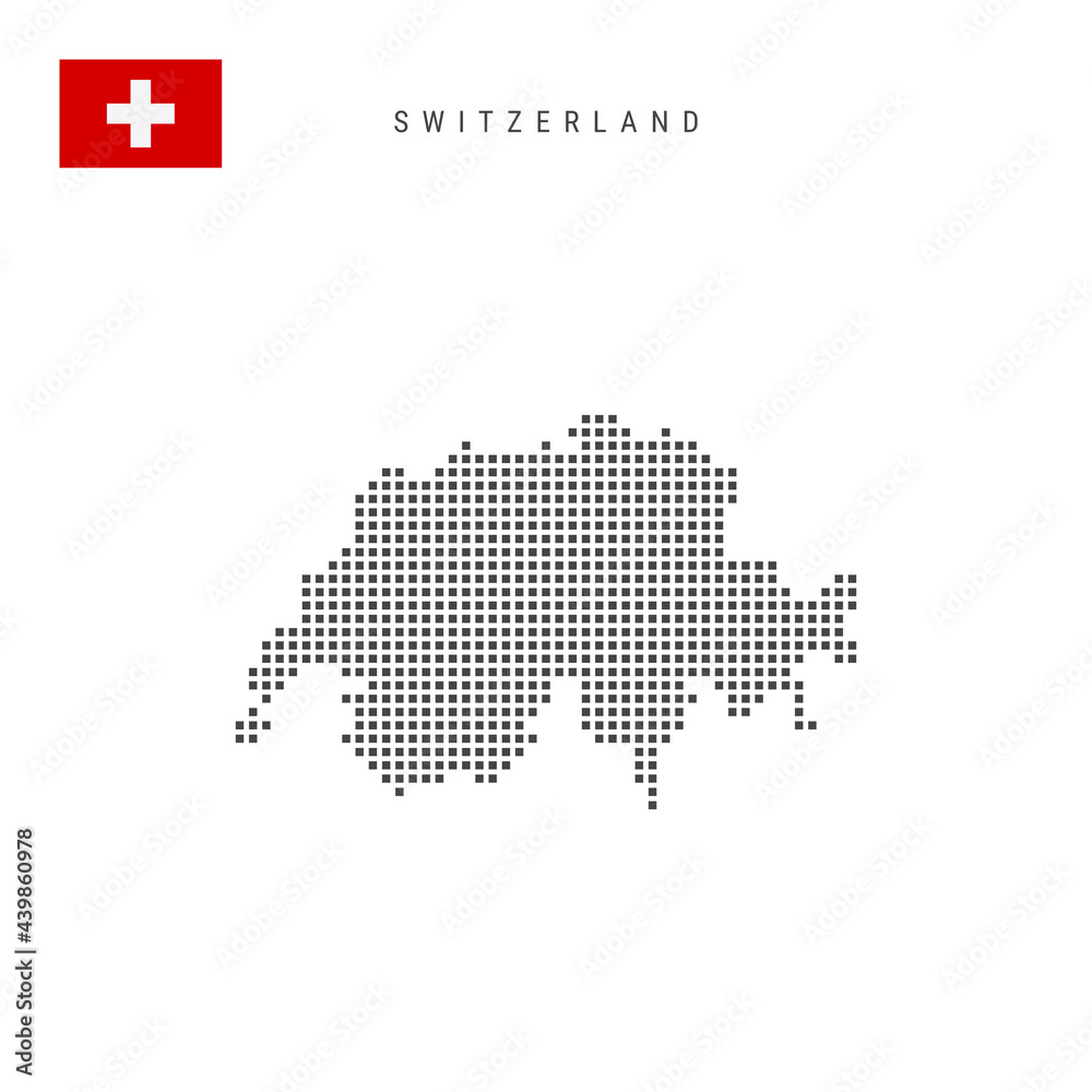 Square dots pattern map of Switzerland. Swiss dotted pixel map with flag. Vector illustration