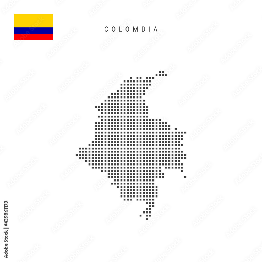 Obraz premium Square dots pattern map of Colombia. Colombian dotted pixel map with flag. Vector illustration