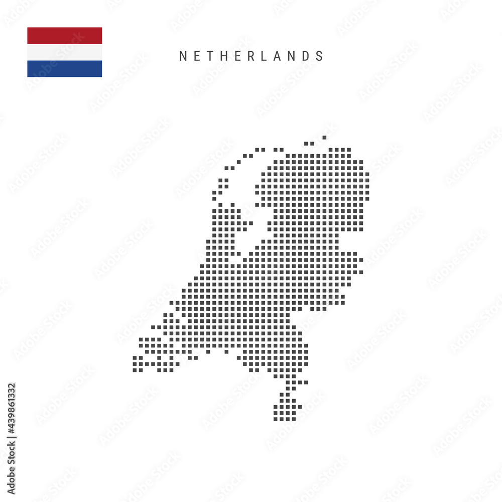 Square dots pattern map of Netherlands, Holland. Dutch, Netherlandish dotted pixel map with flag. Vector illustration