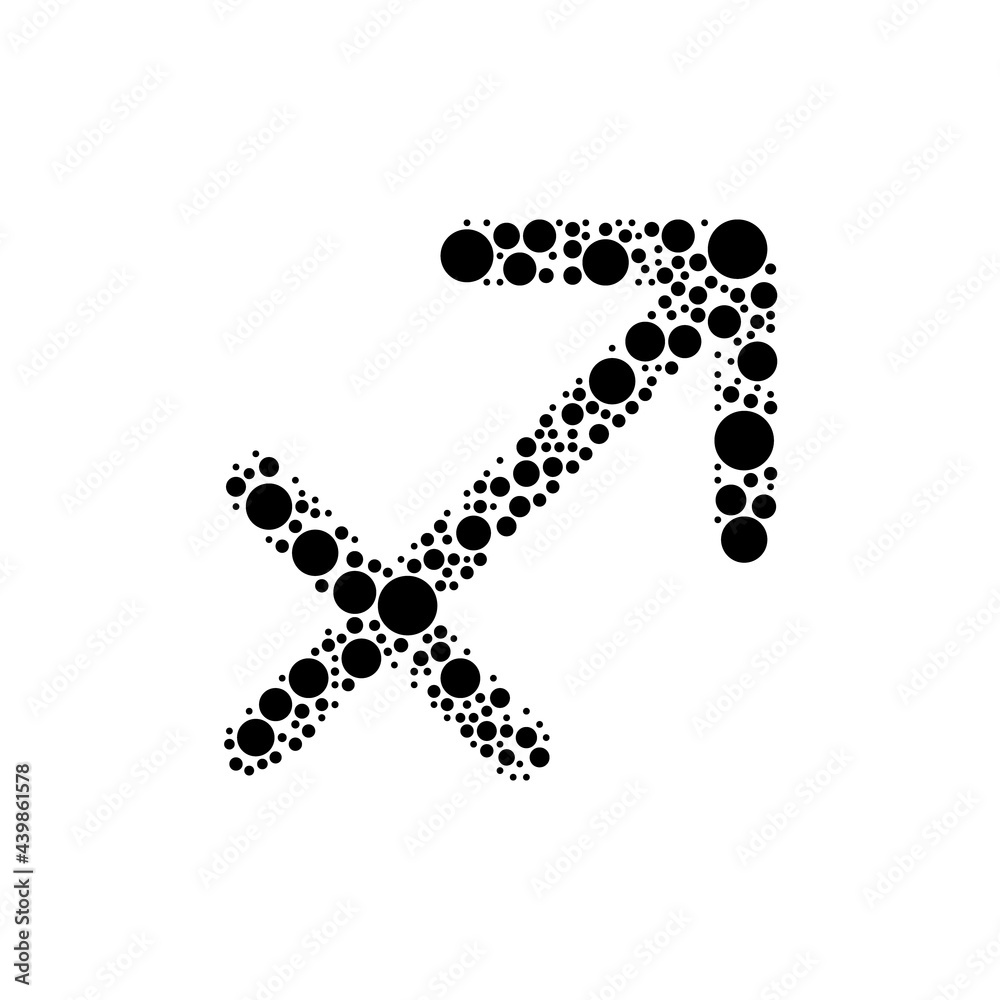 A large zodiac sagittarius symbol in the center made in pointillism style. The center symbol is filled with black circles of various sizes. Vector illustration on white background