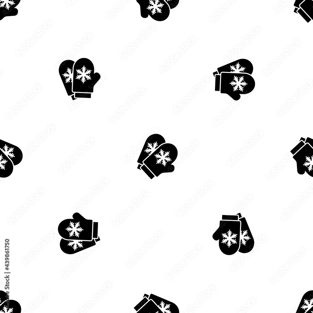 Seamless pattern of repeated black mittens symbols. Elements are evenly spaced and some are rotated. Vector illustration on white background Seamless pattern of repeated black mittens symbols. Elements are evenly spaced and some are rotated. Vector illustration on white background