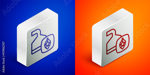 Isometric line Traditional brewing vessels in brewery icon isolated on blue and orange background. Beer brewing process. Distillery plant, brewery. Silver square button. Vector