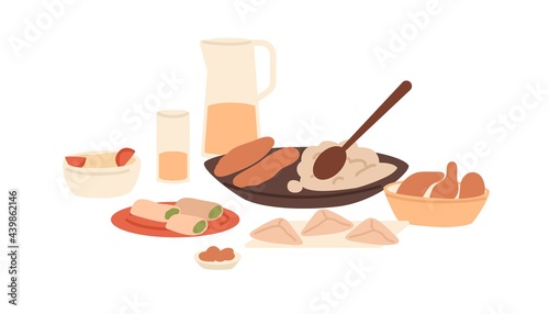 Traditional Arabian meal. Served Muslim dishes for festive dinner. National Arab food for Ramadan holiday. Colored flat vector illustration of Lebanese cuisine isolated on white background