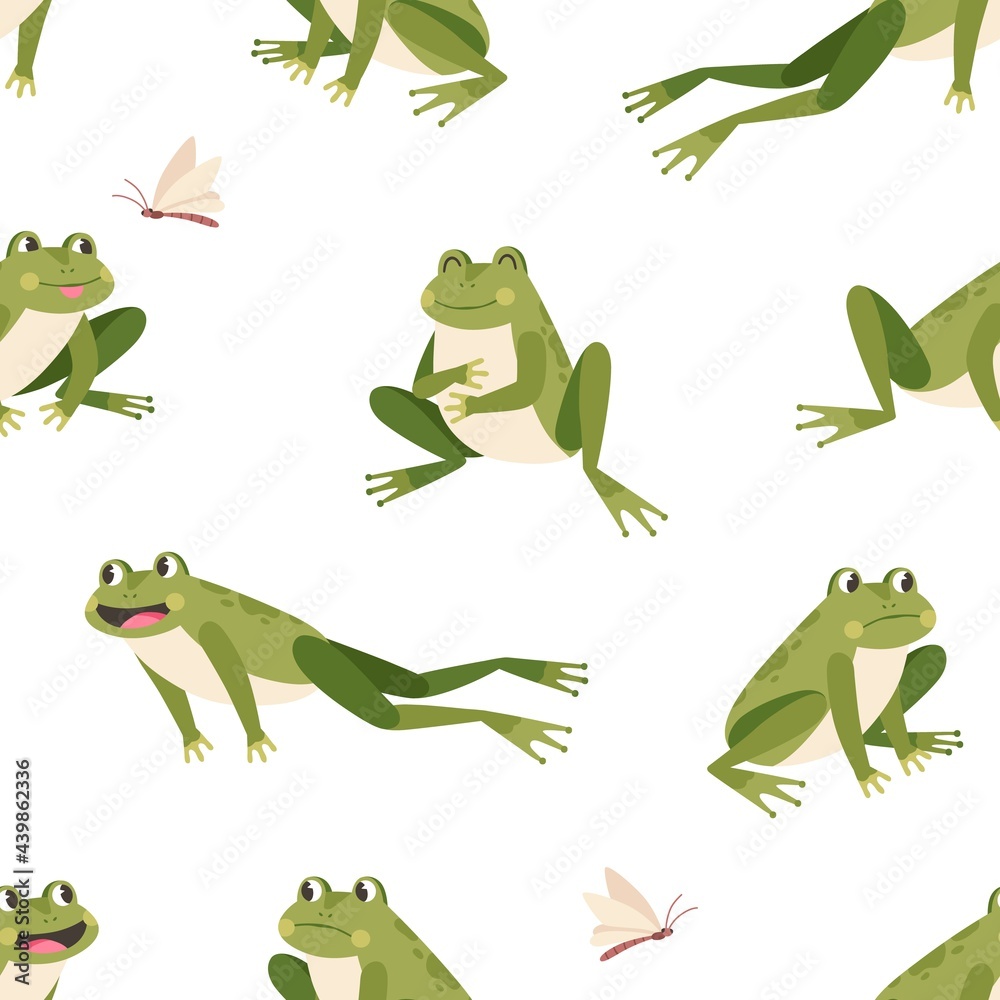 Naklejka premium Seamless childish pattern with cute green frogs in different poses on white background. Printable repeating texture with funny happy little toads jumping and eating. Colored flat vector illustration