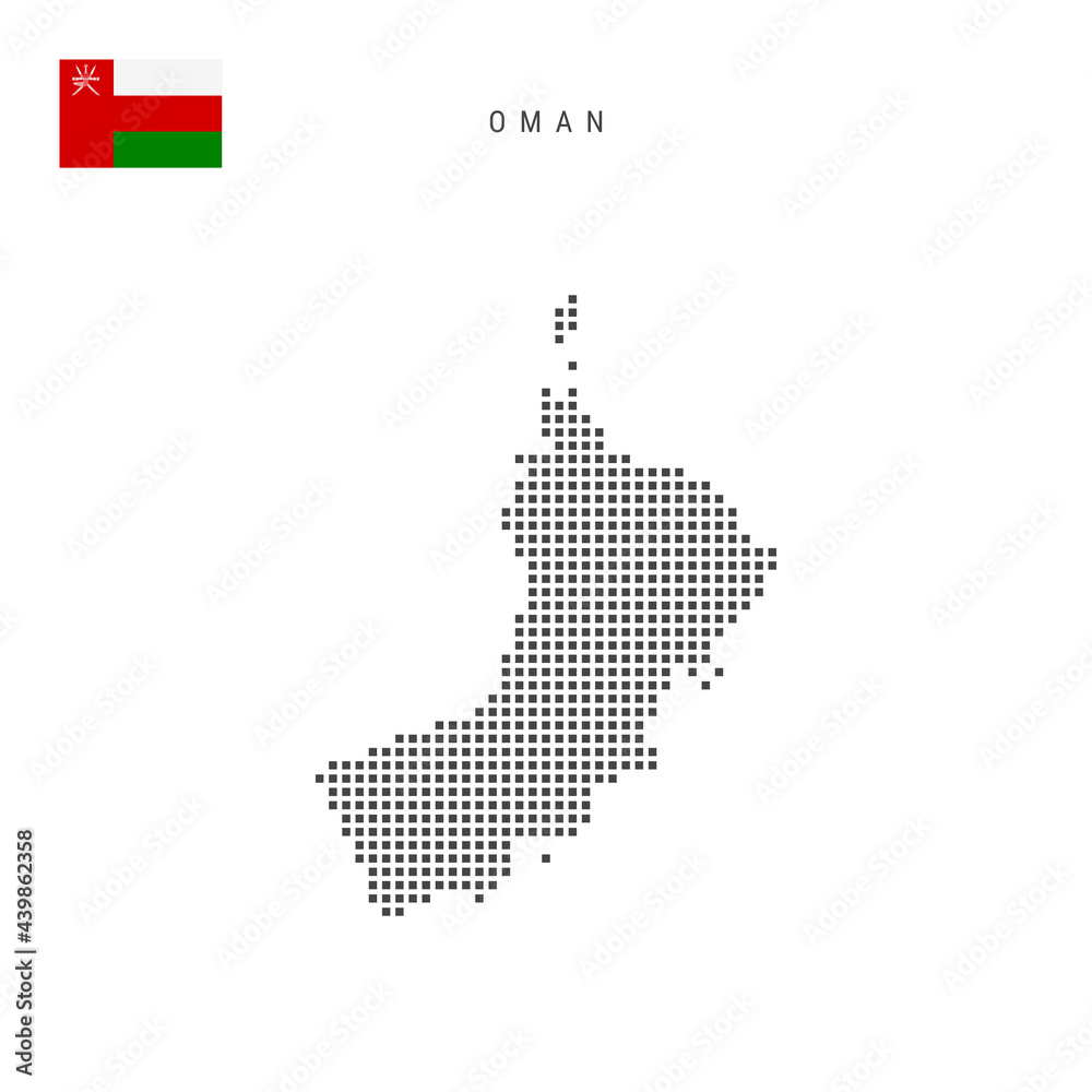 Obraz premium Square dots pattern map of Oman. Omani dotted pixel map with flag. Vector illustration